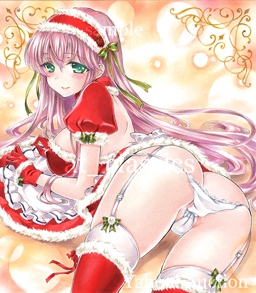 ass at_classics breasts garter_straps gloves green_eyes large_breasts long_hair maid original pink_hair thighhighs very_long_hair