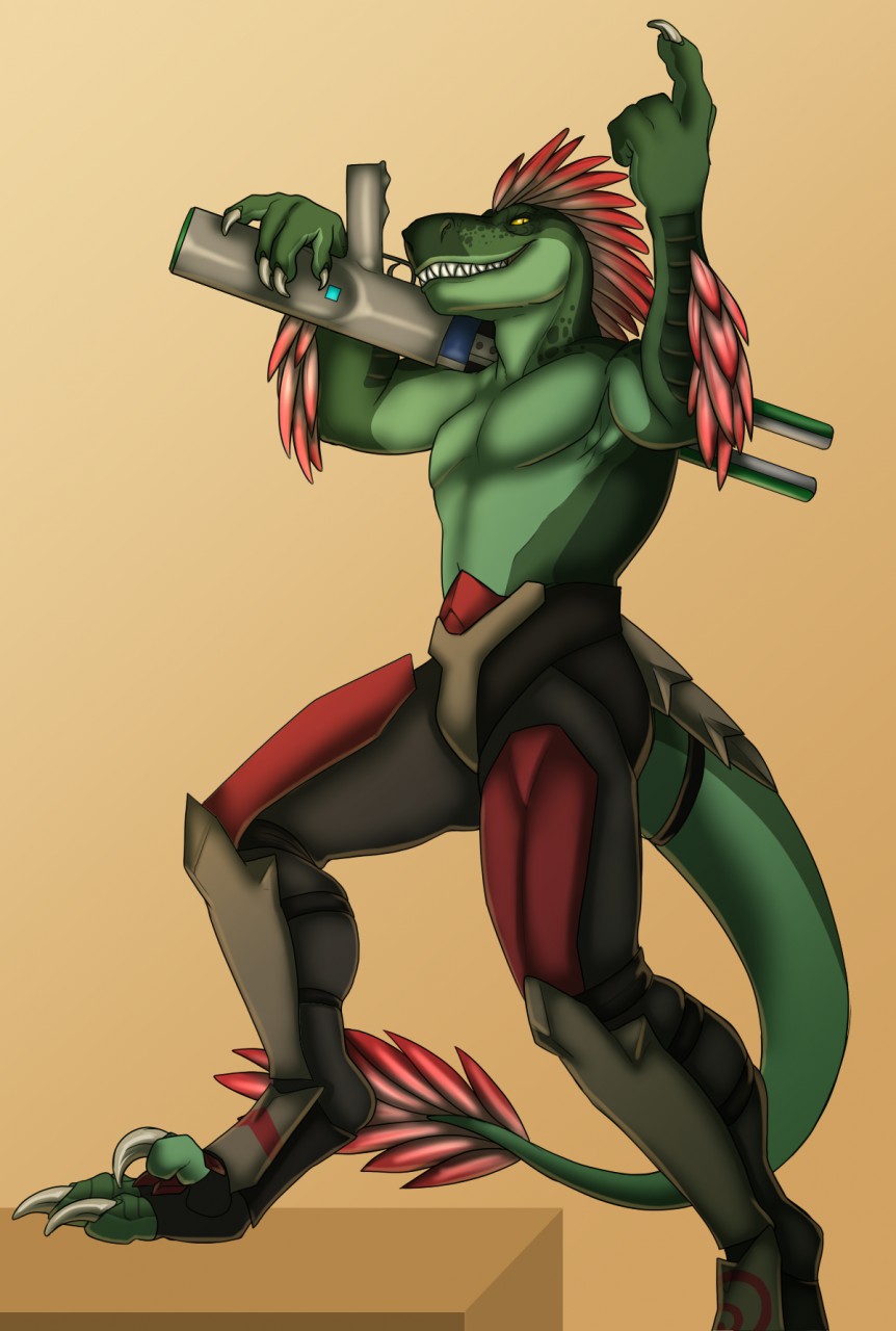 armor beckoning clothed clothing dinosaur dromaeosaurid gesture grar'hel grin gun incorgnito male pinup pose ranged_weapon reptile scalie smile solo step theropod topless utahraptor weapon