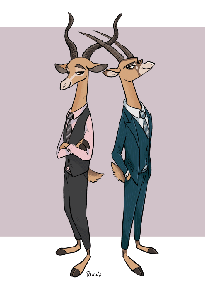 antelope anthro barefoot bottomwear bovid bovine brown_body brown_eyes bucky_oryx-antlerson clothed clothing crossed_arms disney duo fully_clothed grazing_antelope hand_in_pocket horn kudu mammal necktie oryx pants pockets pronk_oryx-antlerson rikuta_tp smile spiral-horned_antelope standing suit zootopia