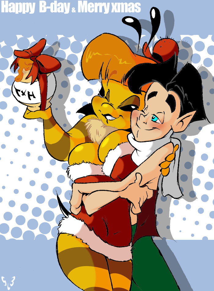 antennae_(anatomy) anthro arthropod bee big_breasts bite biting_lip biting_own_lip black_hair blue_eyes blush breasts christmas cleavage clothed clothing dress duo english_text female female_on_humanoid fully_clothed hair half-closed_eyes hanna_bee_(slb) hat headgear headwear holding_object holidays honey hug humanoid humanoid_pointy_ears hymenopteran insect male male/female male_on_anthro narrowed_eyes one_eye_closed orange_hair red_clothing red_dress red_hat red_headwear scarf self_bite slb smile stinger striped_body striped_skin stripes tak_(aeolus06) text yellow_body yellow_skin