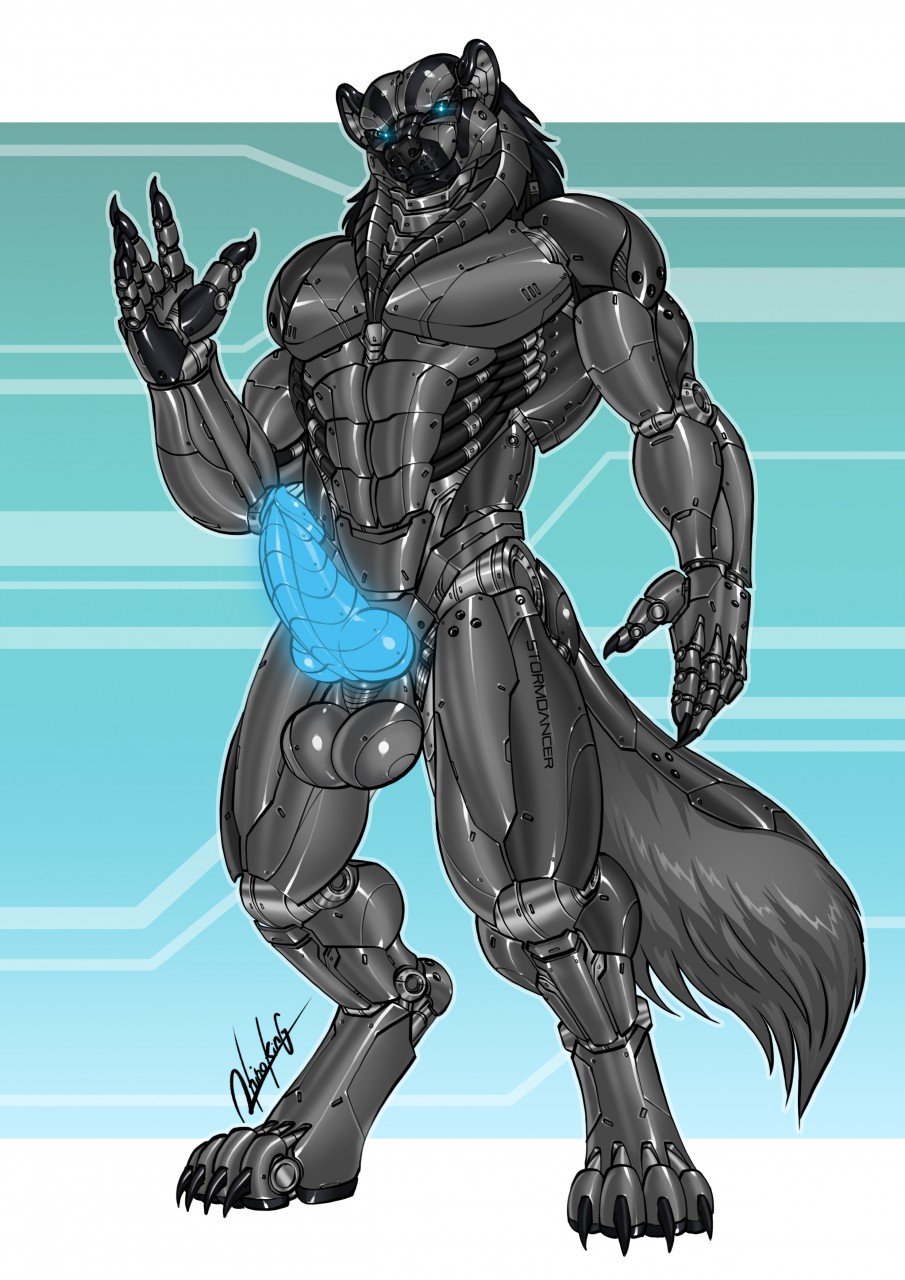 2019 4_toes 5_fingers android animal_genitalia animal_penis anthro badger balls blue_eyes blue_penis canine_penis digitigrade english_text erection fingers fur glistening glowing glowing_eyes glowing_genitalia glowing_penis grey_body grey_fur knot machine male mammal mustelid musteline nude penis rhinoking robot simple_background solo standing text toes