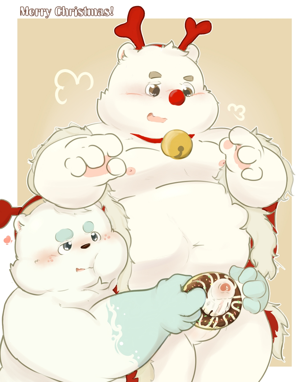 2019 anthro balls belly blue_body blue_fur blush christmas doughnut duo erection food fur holidays humanoid_hands male mammal moobs navel nipples overweight overweight_male penis ursid white_body white_fur young 熊团沫沫