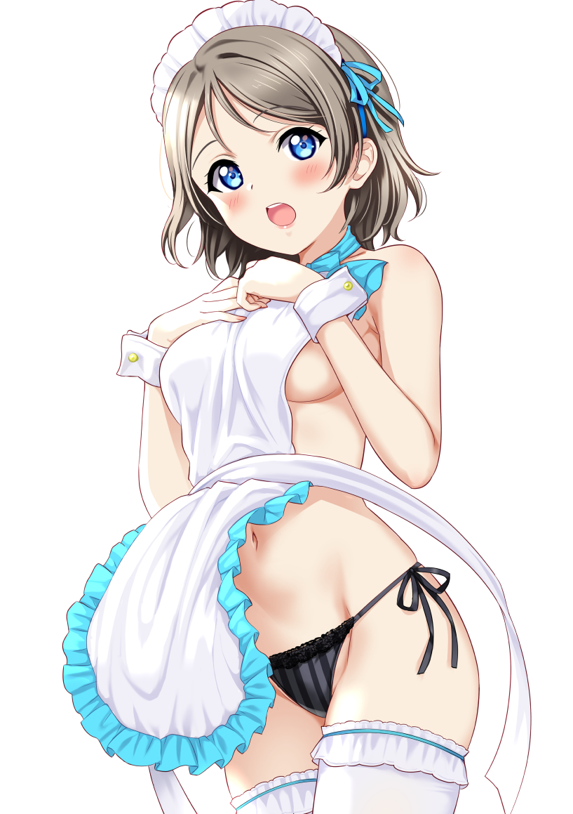 1girl :o apron areola_slip areolae bare_shoulders black_panties blue_eyes blush breasts eyebrows_visible_through_hair frill_trim grey_hair love_live! love_live!_sunshine!! maid_headdress medium_breasts navel nipple_slip nipples open_mouth panties rozen5 short_hair sideboob simple_background sleeve_cuffs solo string_panties striped striped_panties thighhighs underwear watanabe_you white_background