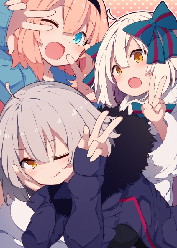 3girls :d ;q ahoge bangs beni_shake black_dress black_jacket blue_jacket bow brown_hair closed_mouth commentary_request double_v dress eyebrows_visible_through_hair fang fate/grand_order fate_(series) fur-trimmed_jacket fur-trimmed_sleeves fur_trim green_bow grey_hair hair_between_eyes hair_bow hands_up jacket jeanne_d'arc_(alter)_(fate) jeanne_d'arc_(fate)_(all) jeanne_d'arc_(swimsuit_archer) jeanne_d'arc_alter_santa_lily long_sleeves multiple_girls one_eye_closed open_clothes open_jacket open_mouth sleeves_past_wrists smile striped striped_bow tongue tongue_out v v_over_eye w wicked_dragon_witch_ver._shinjuku_1999 wide_sleeves