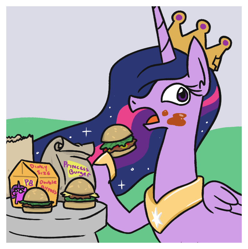 2019 burger crown eating english_text equid female feral food friendship_is_magic horn jargon_scott jewelry mammal my_little_pony necklace solo text twilight_sparkle_(mlp) winged_unicorn wings