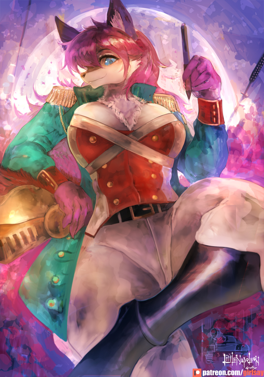 2019 abstract_background anthro armor belt big_breasts blue_eyes boots bottomwear breasts canid canine chest_tuft clothing ellen_heart female footwear girlsay hair headgear helmet mammal pants pen pink_hair smile solo tuft uniform