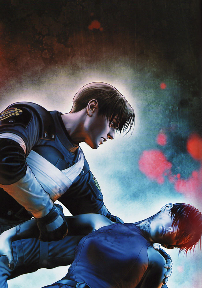 1boy 1girl 90s ada_wong bandages blood capcom dress fingerless_gloves gloves hair_over_eyes injury leon_s_kennedy mori_toshiaki official_art police police_badge police_uniform policeman rain realistic resident_evil resident_evil_2 shoulder_pads sleeveless sleeveless_dress unconscious uniform