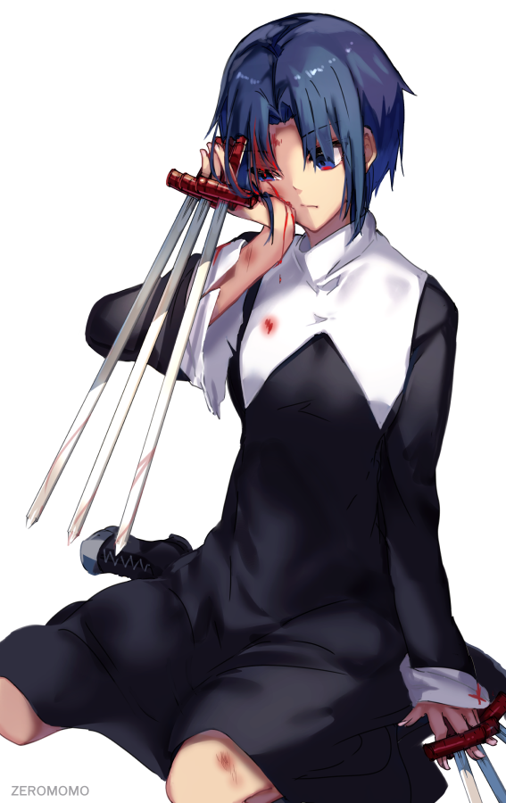 1girl black_keys bleeding blood blood_on_face bloody_clothes blue_eyes blue_hair breasts ciel collar dress holding holding_sword holding_weapon long_sleeves medium_breasts melty_blood nun seiza short_hair sitting solo sword tsukihime weapon zeromomo