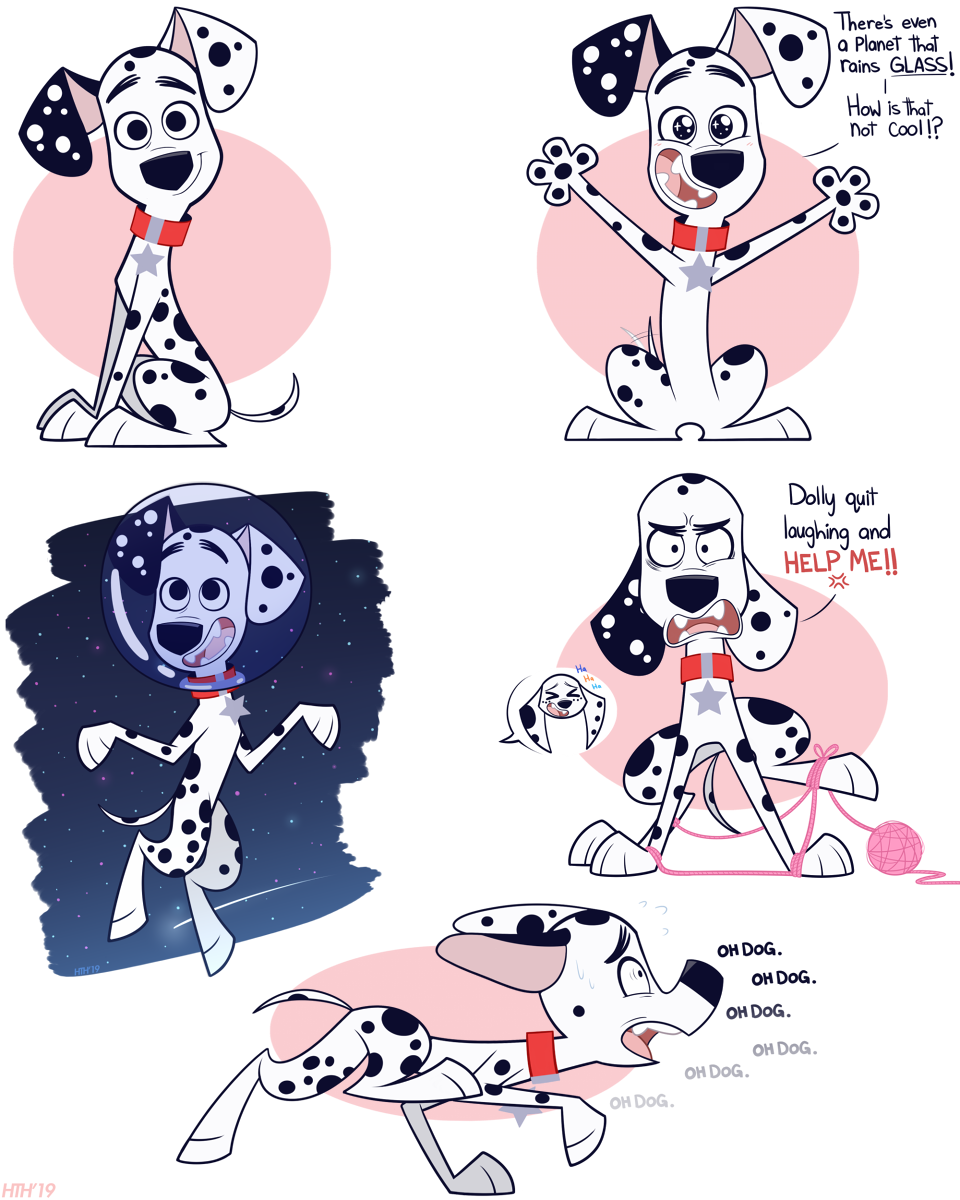 101_dalmatian_street 101_dalmatians 2019 angry armor bodily_fluids canid canine canis collar dalmatian dialogue disney dolly_(101_dalmatians) domestic_dog dylan_(101_dalmatians) english_text headgear helmet higgly_town_hero laugh male mammal open_mouth running space sweat text yarn