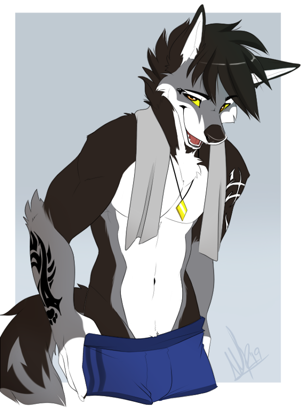 2019 anthro black_hair black_nose canid canine canis clothed clothing digital_media_(artwork) eyebrows eyelashes fingers hair looking_at_viewer male mammal navel open_mouth smile solo teeth tongue topless wolf wolflady