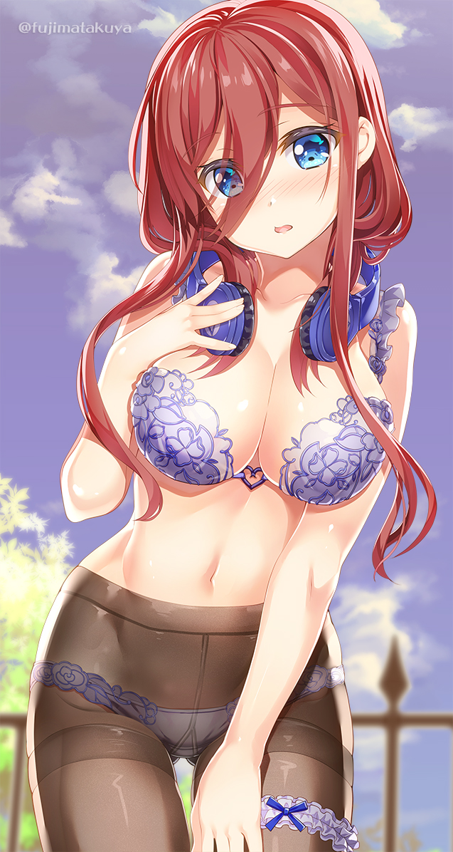 1girl bangs bare_arms bare_shoulders blue_bra blue_eyes blue_sky blush bra breasts brown_hair brown_legwear cleavage cloud collarbone commentary_request day eyebrows_visible_through_hair fujima_takuya go-toubun_no_hanayome hair_between_eyes headphones headphones_around_neck long_hair looking_at_viewer medium_breasts nakano_miku navel nose_blush outdoors panties panties_under_pantyhose pantyhose parted_lips sky solo thighband_pantyhose twitter_username underwear underwear_only white_panties