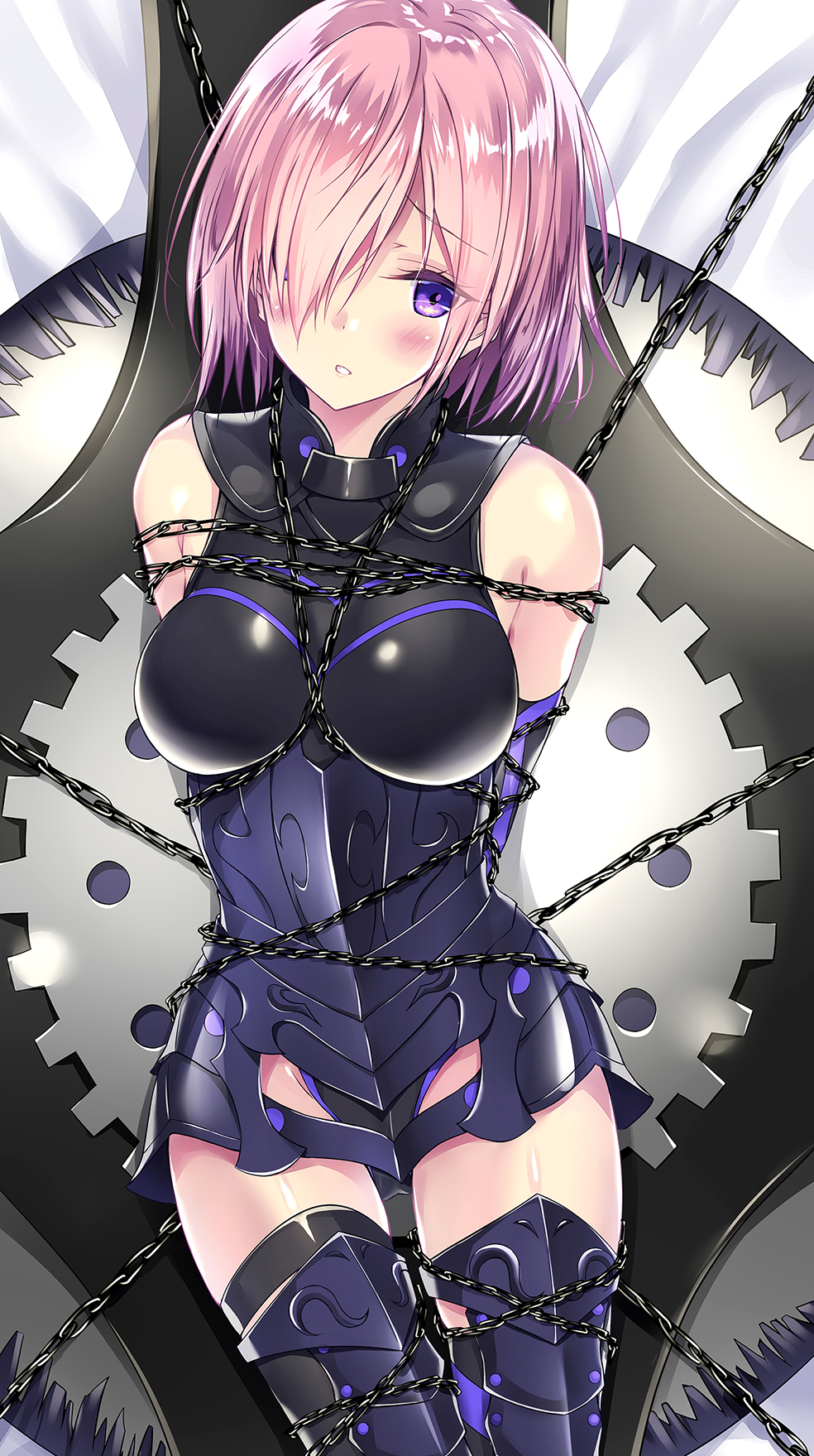 1girl arms_behind_back bare_arms bdsm black_bodysuit blush bodysuit bondage bound breasts chain elbow_gloves eyebrows_visible_through_hair fate/grand_order fate_(series) gloves hair_over_one_eye highres kobayashi_chisato looking_at_viewer mash_kyrielight medium_breasts on_bed pink_hair purple_eyes shibari shibari_over_clothes shield shiny shiny_hair short_hair solo thighhighs tied_up