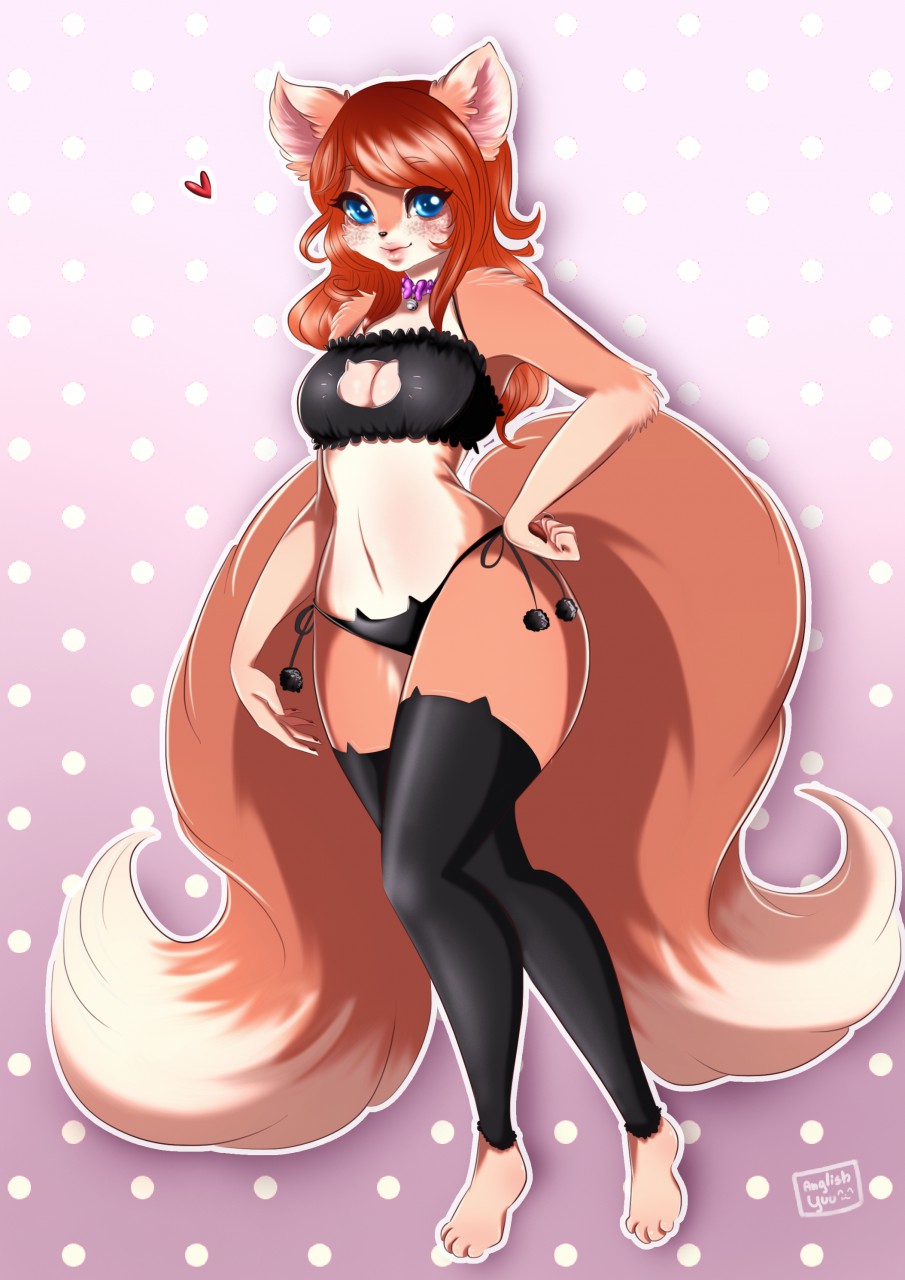 &lt;3 2016 2_tails anglish anthro barefoot blue_eyes breasts canid canine clothing female fox fur hair legwear mammal multi_tail navel pattern_background red_hair simple_background smile solo tan_body tan_fur thigh_highs underwear wide_hips