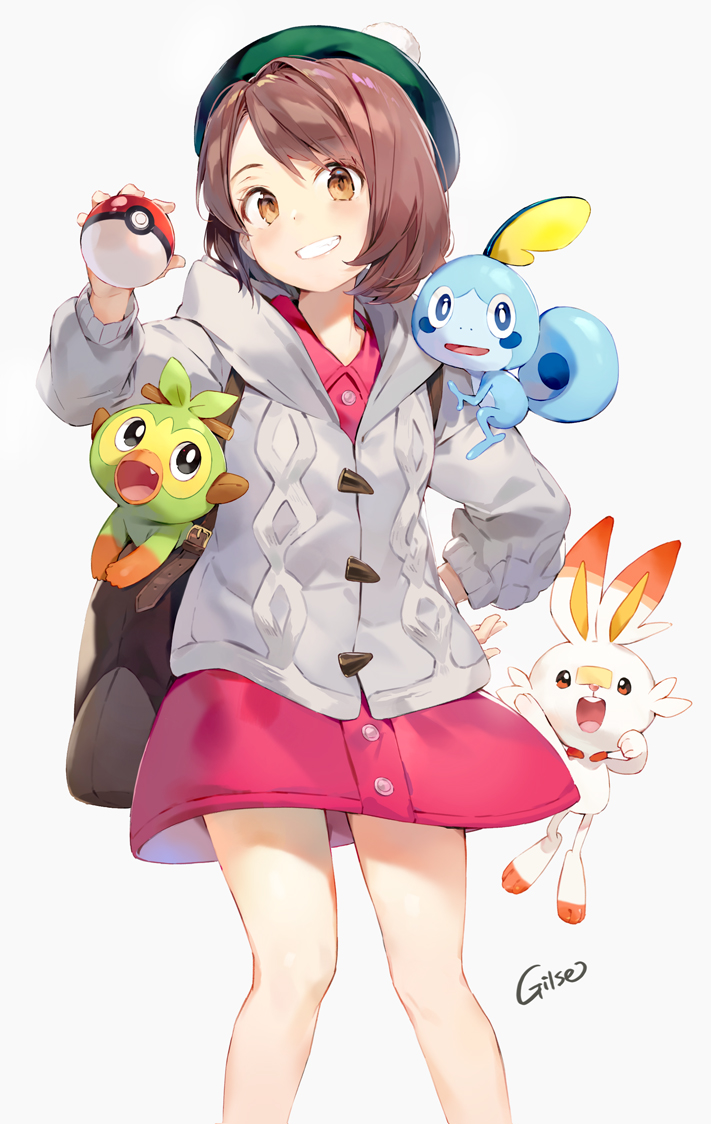1girl artist_name bag bangs bare_legs blush bob_cut brown_bag brown_eyes brown_hair buttons cardigan clenched_teeth collared_dress commentary_request dot_nose dress eyebrows_visible_through_hair eyelashes feet_out_of_frame gen_8_pokemon gilse green_headwear grey_cardigan grookey hand_on_hip happy hat head_tilt holding holding_poke_ball jumping legs_apart long_sleeves looking_at_viewer pink_dress poke_ball poke_ball_(generic) pokemon pokemon_(creature) pokemon_(game) pokemon_in_bag pokemon_on_shoulder pokemon_swsh pom_pom_(clothes) scorbunny shiny shiny_hair short_dress short_hair shoulder_bag simple_background smile sobble solo standing straight_hair tam_o'_shanter teeth white_background yuuri_(pokemon)