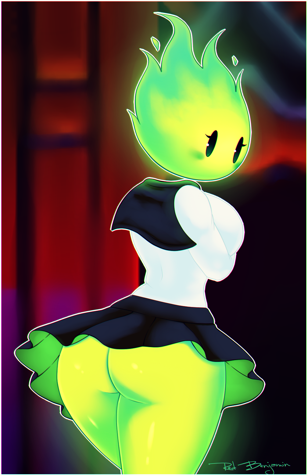 2019 blush bottomwear breasts butt clothing colored_fire elemental female fire fire_elemental fuku_fire green_fire hi_res humanoid looking_at_viewer not_furry signature sirredbenjamin skirt solo undertale video_games