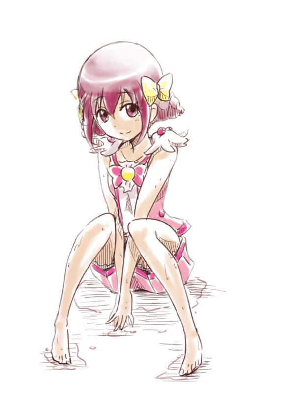 1girl adapted_costume bangs barefoot between_legs closed_mouth collarbone cosplay cure_happy cure_happy_(cosplay) eyebrows_visible_through_hair full_body hair_between_eyes hand_between_legs hoshizora_miyuki miniskirt niita pink_shirt pink_skirt precure red_eyes red_hair shiny shiny_hair shirt short_hair simple_background sitting sketch skirt sleeveless sleeveless_shirt smile smile_precure! solo wet white_background