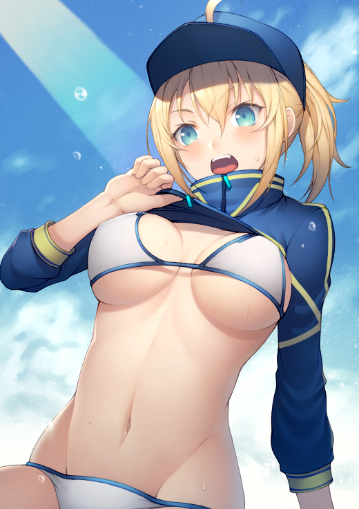 1girl ahoge aqua_eyes artoria_pendragon_(all) banned_artist baseball_cap bikini blue_headwear blue_sky blush breasts commentary_request day fate/grand_order fate_(series) hat kyoeiki light_rays long_sleeves medium_breasts mysterious_heroine_xx_(foreigner) navel open_mouth outdoors short_hair short_ponytail shrug_(clothing) sidelocks sky solo stomach sunbeam sunlight swimsuit underboob upper_body upper_teeth water_drop white_bikini zipper_pull_tab