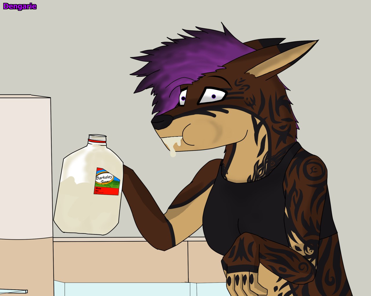2019 anthro black_nose breasts canid canine canis clothed clothing coyote dengarie digital_media_(artwork) female fingers food fridge fur hair hi_res kitchen looking_at_viewer mammal milk simple_background solo topwear