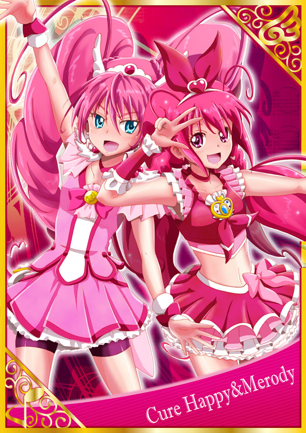 2girls :d absurdly_long_hair arm_up bike_shorts blue_eyes bow card_(medium) character_name cosplay cowboy_shot crop_top cure_happy cure_happy_(cosplay) cure_melody cure_melody_(cosplay) earrings error eyebrows_visible_through_hair floating_hair hair_between_eyes hair_bow hairband jewelry layered_skirt long_hair looking_at_viewer midriff miniskirt multicolored multicolored_clothes multicolored_skirt multiple_girls navel niita open_mouth pink_bow pink_eyes pink_hair pink_skirt pleated_skirt precure purple_shorts red_bow red_skirt shiny shiny_clothes shiny_hair short_shorts shorts shorts_under_skirt skirt smile smile_precure! standing stomach suite_precure twintails very_long_hair w_over_eye white_hairband white_skirt wrist_cuffs