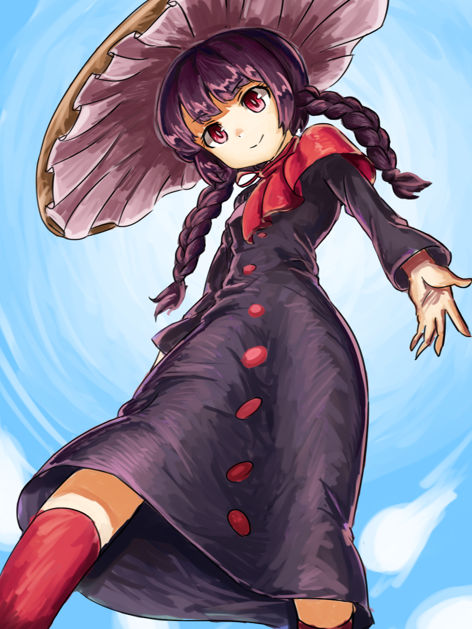 1girl ajirogasa bangs blue_sky braid breasts bright_pupils brown_headwear buttons closed_mouth cloud dress eyebrows_visible_through_hair from_below grey_dress hat highres long_hair long_sleeves nob1109 outdoors purple_hair red_eyes red_legwear sky small_breasts smile solo touhou twin_braids white_pupils yatadera_narumi