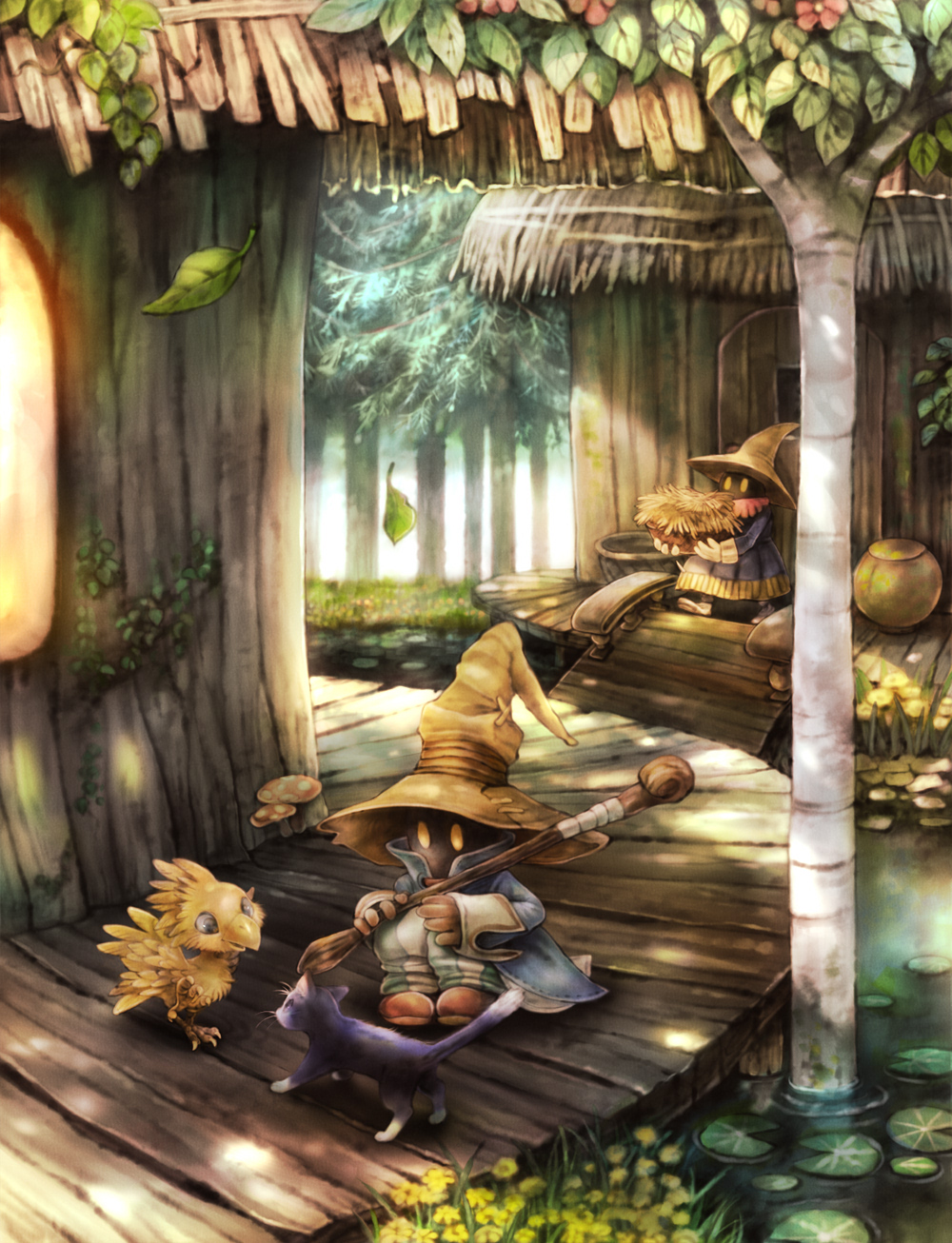 2others ambiguous_gender black_mage blue_robe carrying cat chocobo dappled_sunlight final_fantasy final_fantasy_ix flower forest hat hay high_collar highres house leaf lily_pad looking_at_another multiple_others nature outdoors pants pot staff striped striped_pants sui_(petit_comet) sunlight thatched_roof tree vivi_ornitier witch_hat wooden_floor yellow_eyes