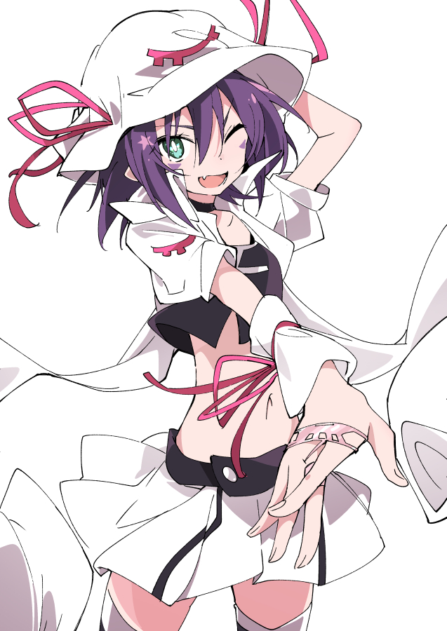 1girl ;d fang green_eyes hand_on_headwear hat hat_ribbon ixy looking_at_viewer merry_christmas merry_nightmare midriff navel one_eye_closed open_mouth purple_hair red_ribbon ribbon short_hair simple_background skirt smile solo standing thighhighs white_background white_headwear white_skirt yumekui_merry