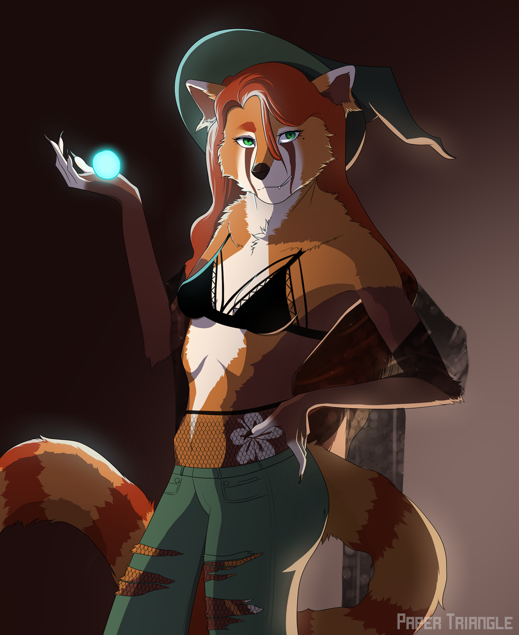 2019 5_fingers ailurid anthro claws clothed clothing digital_media_(artwork) female fingers fur hair halloween hat headgear headwear holidays looking_at_viewer magic magic_user mammal papertriangle red_panda simple_background smile solo tattoo topwear witch witch_hat