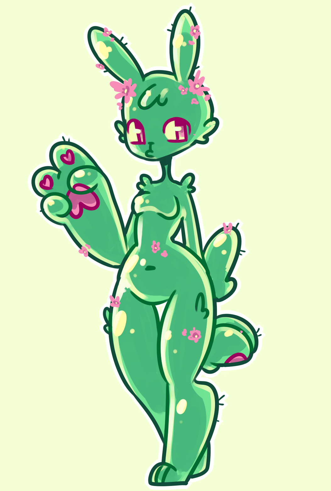 &lt;3 2017 big_hands breasts cactus featureless_breasts featureless_crotch female flora_fauna glittermiilk green_body lagomorph leporid mammal navel pawpads pink_eyes plant rabbit simple_background solo standing wide_hips yellow_background