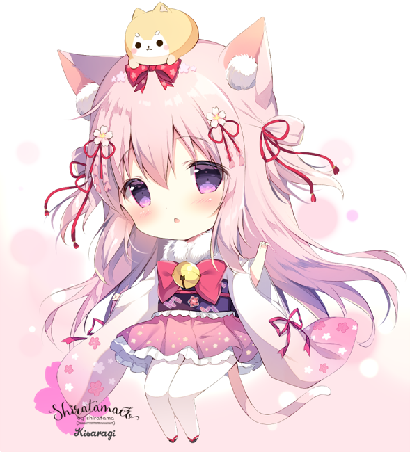 1girl :o animal animal_ear_fluff animal_ears animal_on_head artist_name azur_lane bangs bell blush bow cat_ears cat_girl cat_tail character_name chibi commentary_request dog eyebrows_visible_through_hair flower frilled_skirt frills full_body hair_between_eyes hair_flower hair_ornament hair_ribbon japanese_clothes jingle_bell kimono kisaragi_(azur_lane) long_hair long_sleeves obi on_head pantyhose parted_lips pink_bow pink_hair pink_skirt purple_eyes red_ribbon ribbon sash shiratama_(shiratamaco) skirt solo tail two_side_up very_long_hair white_flower white_kimono white_legwear wide_sleeves
