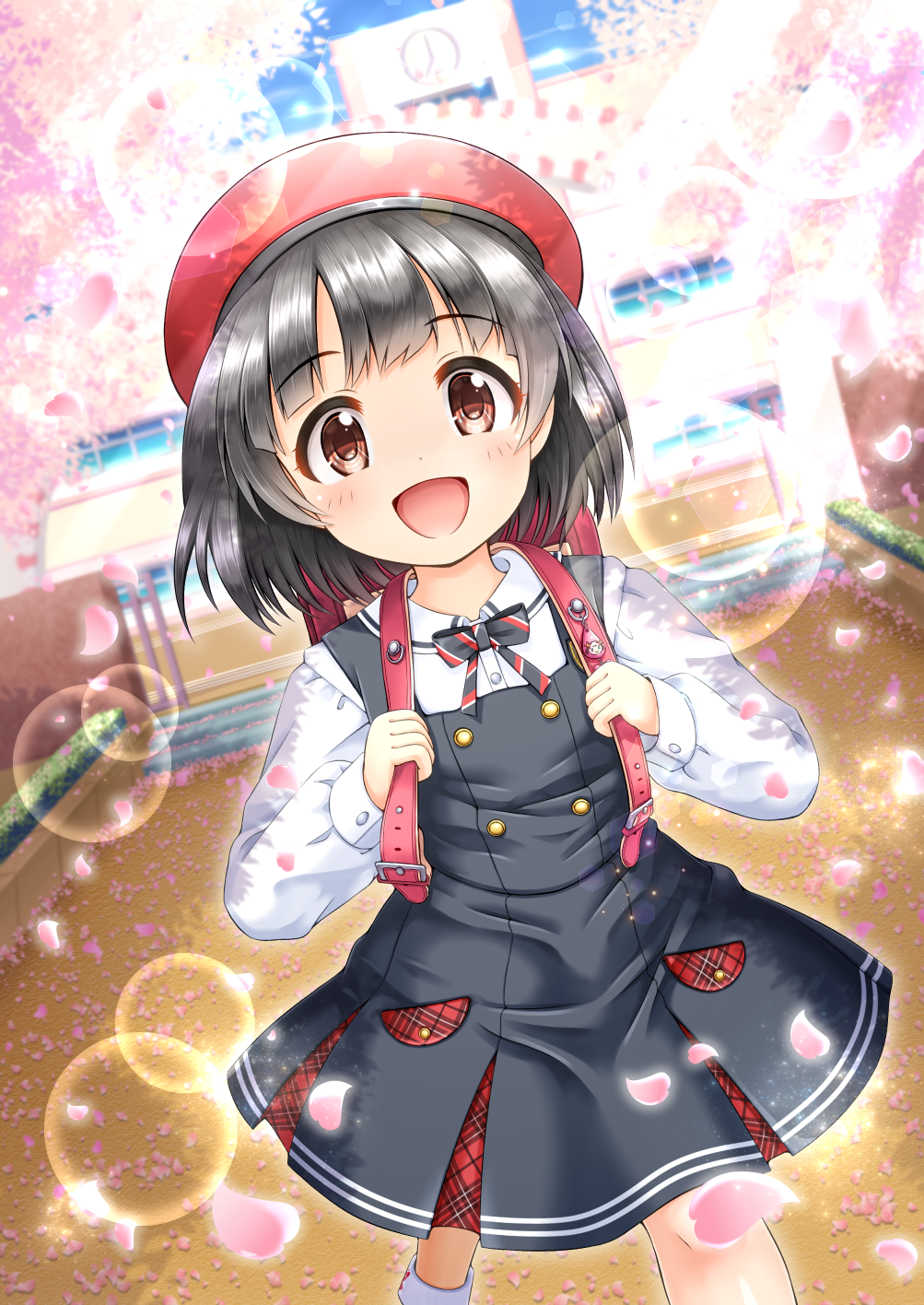 1girl :d backpack bag bangs beret black_bow black_dress black_hair blurry blurry_background blush bow brown_eyes collared_shirt commentary_request day depth_of_field diagonal-striped_bow diagonal_stripes dress dress_shirt eyebrows_visible_through_hair flower hat highres holding_strap idolmaster idolmaster_million_live! idolmaster_million_live!_theater_days long_sleeves nakatani_iku open_mouth outdoors petals pinafore_dress pink_flower plaid pleated_dress randoseru red_headwear regular_mow school school_uniform shirt sleeveless sleeveless_dress sleeves_past_wrists smile solo striped striped_bow white_shirt