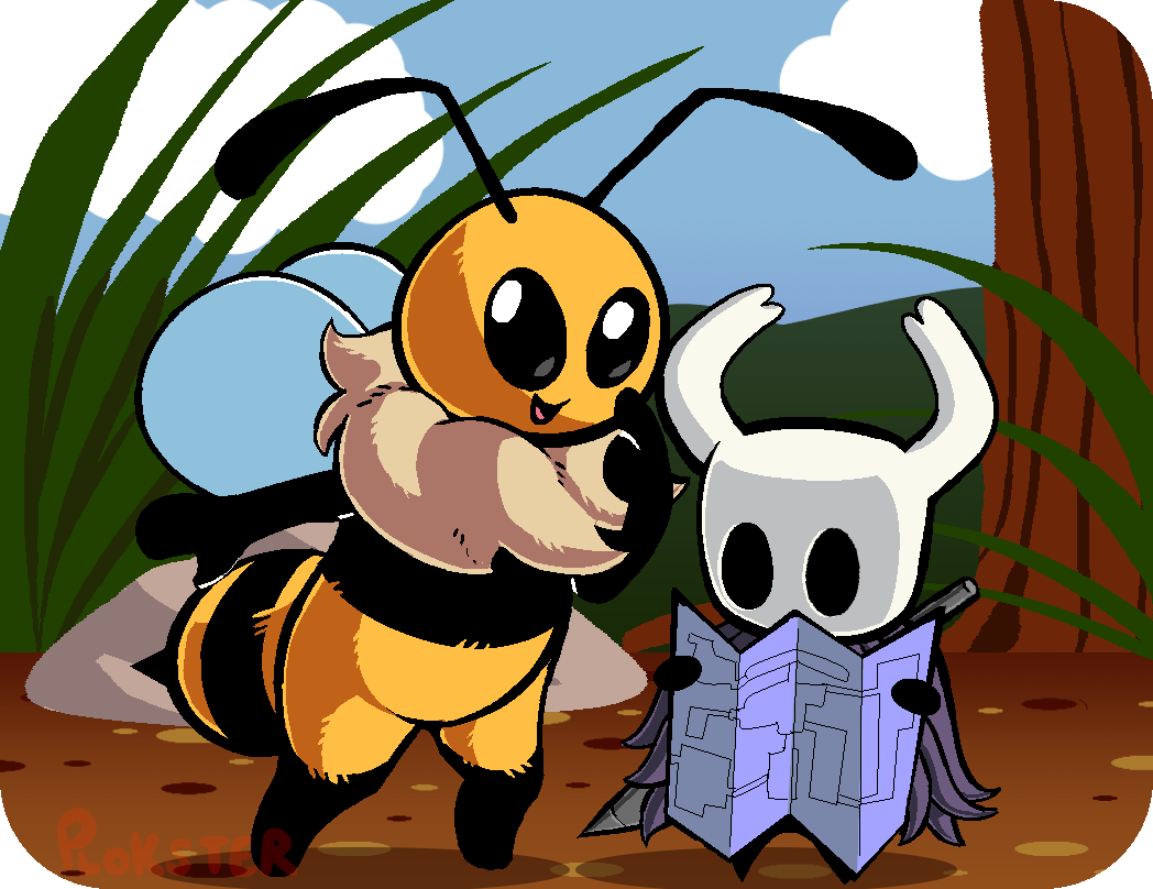antennae_(anatomy) arthropod bee black_eyes bug_fables cloak clothing dirt fluffy grass hollow_knight horn hymenopteran insect map mask plokster protagonist_(hollow_knight) rock smile stinger thorax tree vessel_(species) vi_(bug_fables) wings
