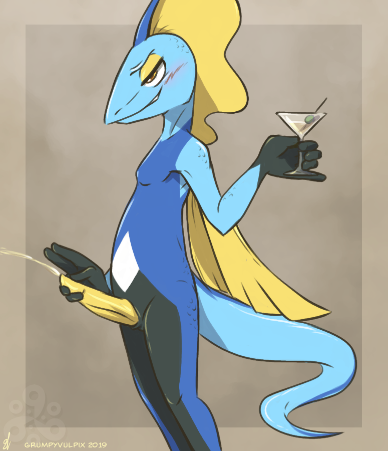 alcohol anthro beverage blush bodily_fluids cocktail conditional_dnp genital_fluids grumpyvulpix holding_penis inteleon male martini nintendo nude peeing penis pok&eacute;mon pok&eacute;mon_(species) solo urine video_games watersports yellow_penis