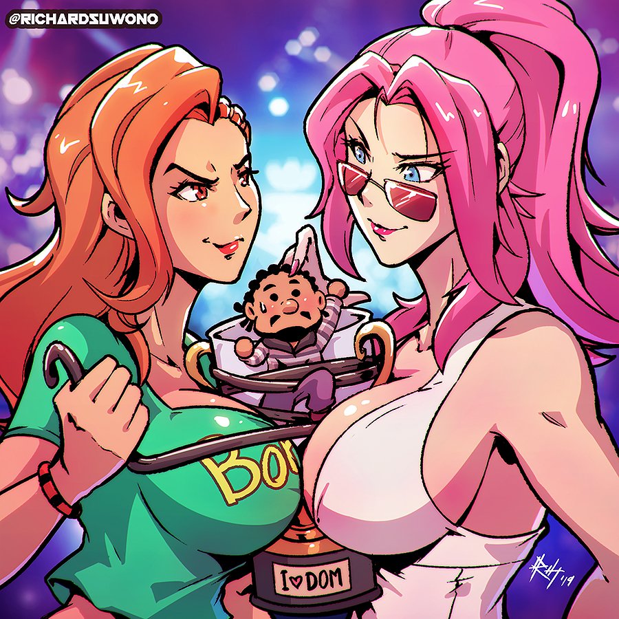 1boy 2girls alternate_color alternate_costume asymmetrical_hair between_breasts bound bracelet breasts chibi cleavage clothes_writing girl_sandwich idom_(gamer) jewelry laura_matsuda multiple_girls pink_hair poison_(final_fight) raised_eyebrow richard_suwono sandwiched sleeveless smile street_fighter street_fighter_v sunglasses tied_up trophy twitter_username upper_body