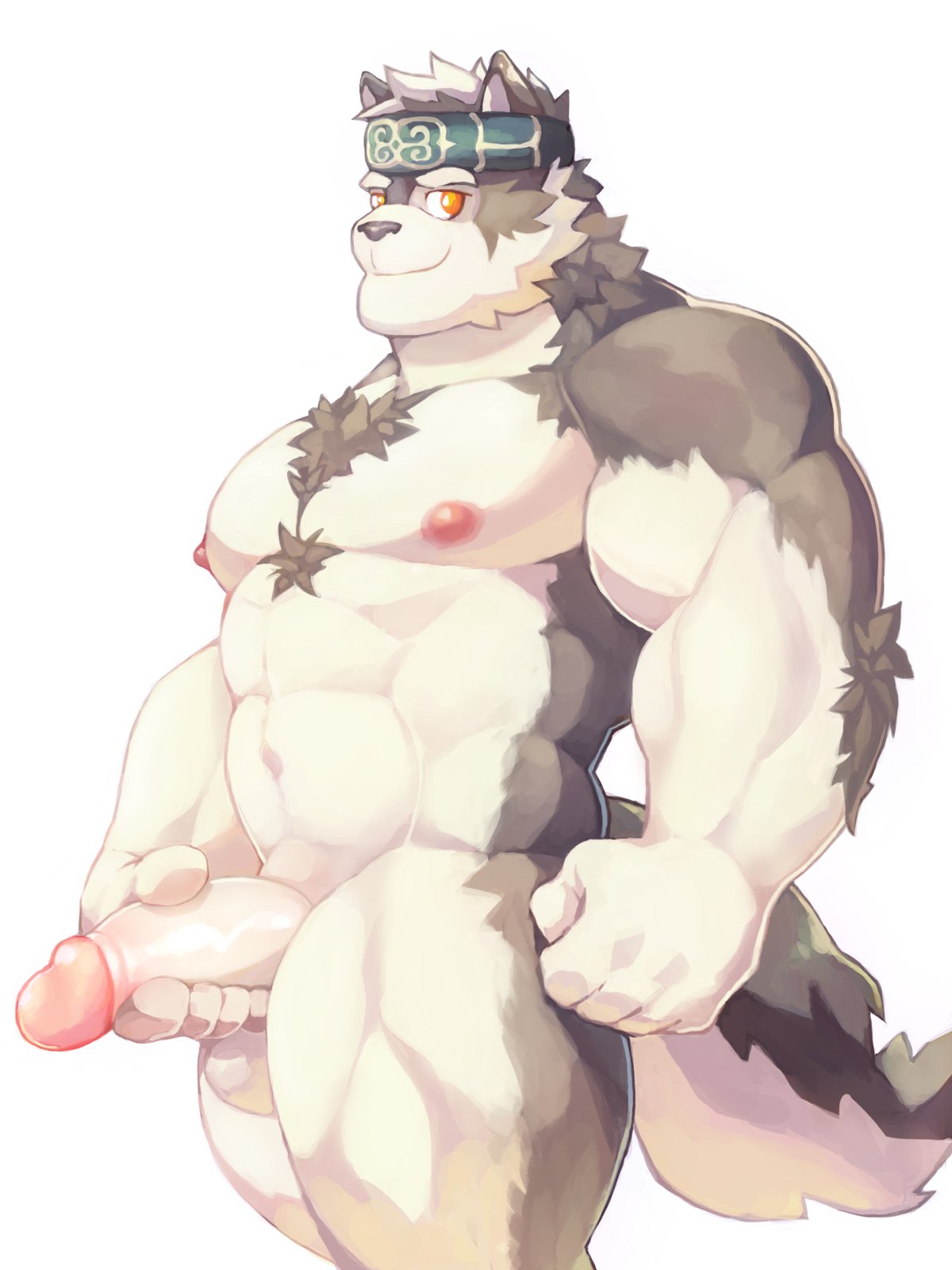 2019 accessory anthro arm_tuft balls big_muscles big_penis black_nose blackmonster canid canine canis chest_tuft elbow_tufts fur grey_body grey_fur headband horkeukamui humanoid_penis looking_at_viewer male mammal multicolored_body multicolored_fur muscular muscular_male nipples nude penis pink_nipples simple_background smile solo standing thick_penis tokyo_afterschool_summoners tuft two_tone_body two_tone_fur video_games white_background white_body white_fur wolf yellow_eyes