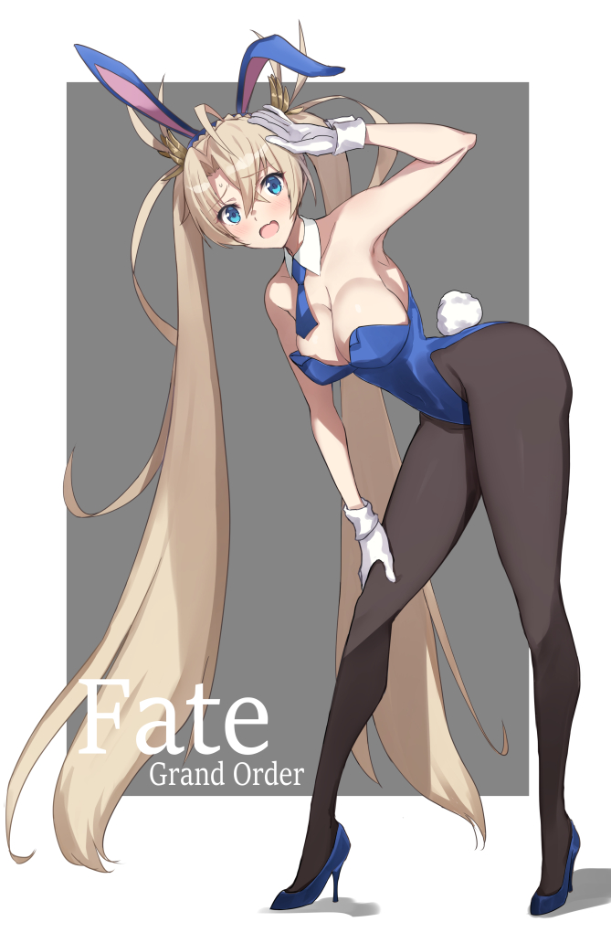 1girl ahoge akatsuki_ikki animal_ears blonde_hair blue_eyes bradamante_(fate/grand_order) breasts bunny_ears bunny_tail bunnysuit cleavage copyright_name detached_collar fate/grand_order fate_(series) gloves high_heels large_breasts long_hair necktie pantyhose tail twintails very_long_hair white_gloves