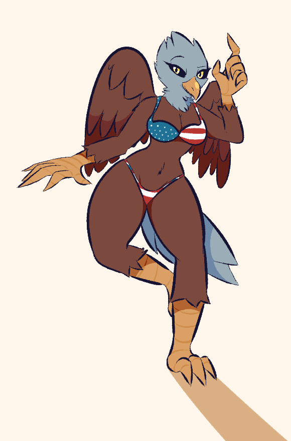 accipitrid accipitriform anthro avian bikini bird black_sclera breasts brown_body brown_feathers cleavage clothed clothing eagle feathers female healthcare_eagle mrdegradation scales simple_background solo swimwear thong underwear us_flag white_body white_feathers wide_hips wings yellow_eyes