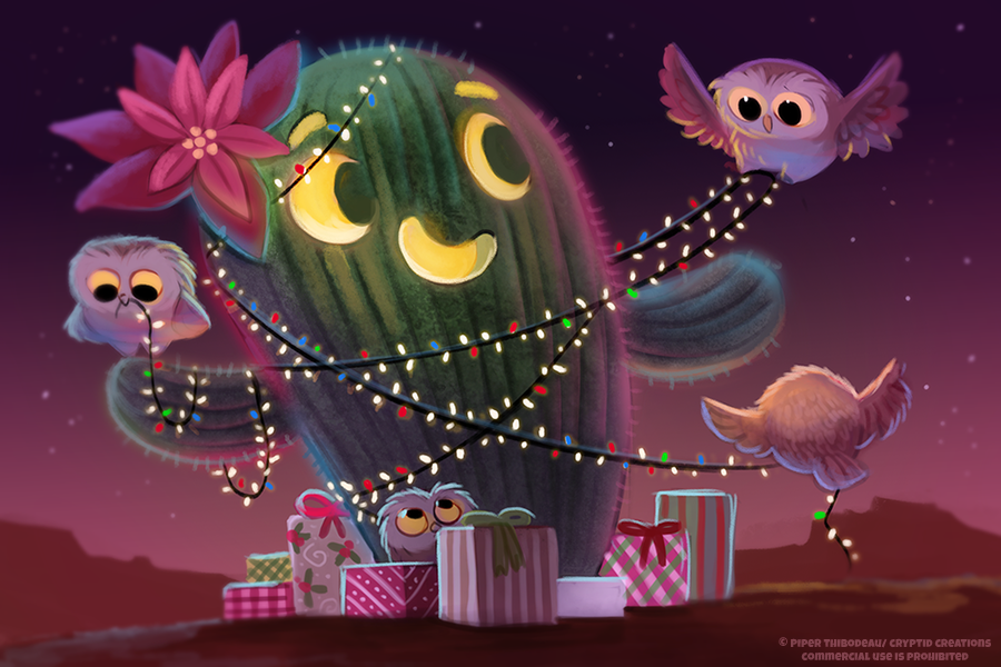 avian bird cactus christmas christmas_lights cryptid-creations feathered_wings feathers flora_fauna flower gift group holidays night outside owl plant star tan_body tan_feathers text url wings yellow_eyes