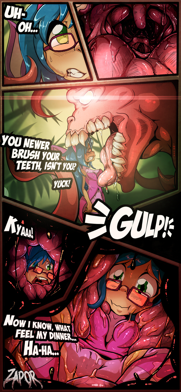 2019 ambiguous_gender ambiguous_pred bodily_fluids clothed clothing comic digital_media_(artwork) drooling english_text esophagus fairy female female/ambiguous female_prey first_person_view internal macro monster mouth_shot open_mouth oral_vore saliva size_difference soft_vore stomach swallowing teeth text throat tongue tongue_out uvula vore winx_club zapor zapor666