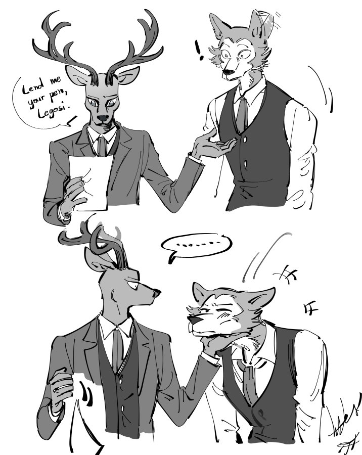! ... 2019 21onkeye anthro antlers beastars canid canine canis cervid clothed clothing dialogue duo english_text fur holding_object horn humor legosi_(beastars) louis_(beastars) male mammal monochrome necktie paper simple_background speech_bubble standing text wolf