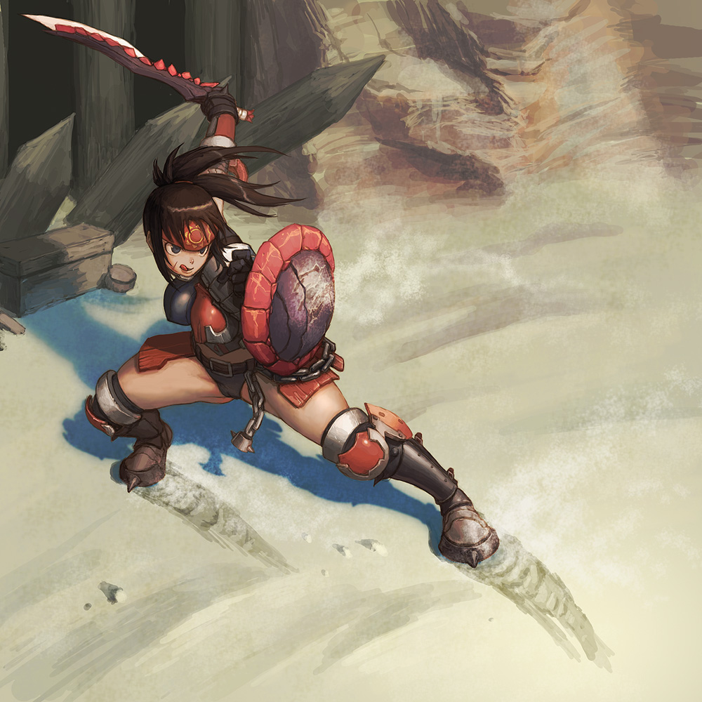 :q armor blue_eyes breasts brown_hair cameltoe chain covered_nipples fighting_stance gauntlets greaves headband kuroobi_(armor) large_breasts loped monster_hunter ponytail scar shadow shield solo sword tongue tongue_out weapon