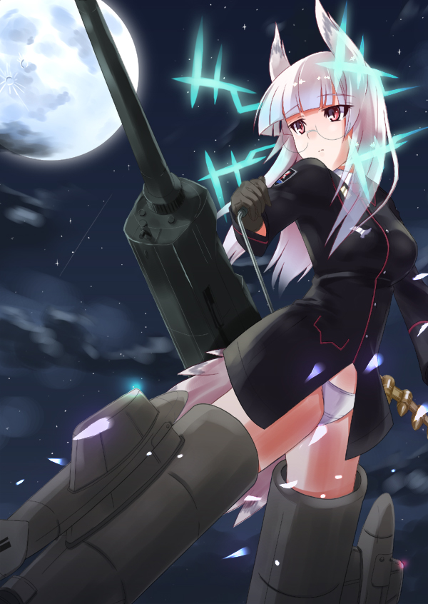 animal_ears antennae bad_id bad_pixiv_id breasts glasses gloves heidimarie_w_schnaufer hirschgeweih_antennas large_breasts military military_uniform moon night panties red_eyes rulu_(blank) solo strike_witches striker_unit tail underwear uniform white_hair world_witches_series