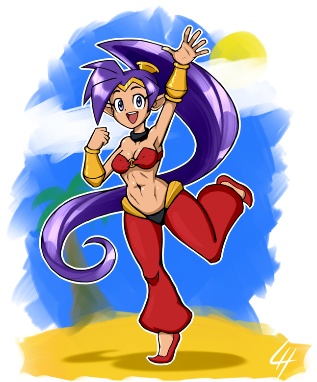 5_fingers breasts clothed clothing eyelashes female fingers footwear hair humanoid humanoid_pointy_ears limehazard long_hair navel not_furry open_mouth ponytail purple_hair shantae shantae_(series) shoes solo standing video_games wayforward