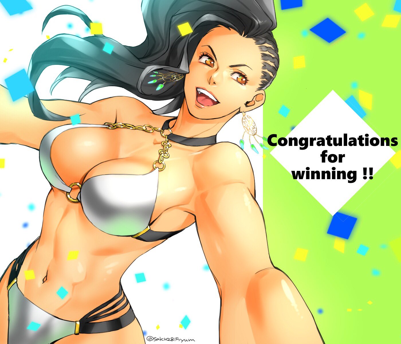 1girl 2019 abs alternate_costume asymmetrical_hair black_hair breasts brown_eyes cleavage commentary_request confetti congratulations cornrows dark_skin earrings foreshortening highres idom_(gamer) jewelry large_breasts laura_matsuda lips long_hair muscle muscular_female navel o-ring o-ring_bikini open_mouth silver_bikini smile solo street_fighter street_fighter_v tombsakura twitter_username