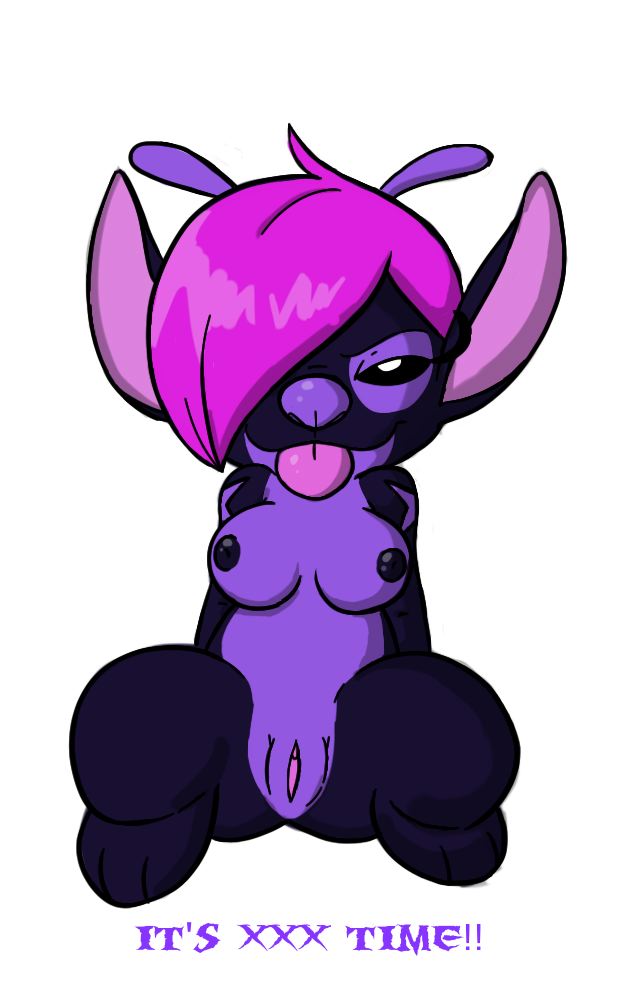 2010 alien antennae_(anatomy) arm_markings black_eyes black_nipples boomboom breasts disney english_text experiment_(lilo_and_stitch) fan_character female hair hair_over_eye lilo_and_stitch markings narrowed_eyes nipples one_eye_obstructed pink_hair purple_body purple_nose pussy shoulder_markings simple_background smile solo text tongue tongue_out white_background