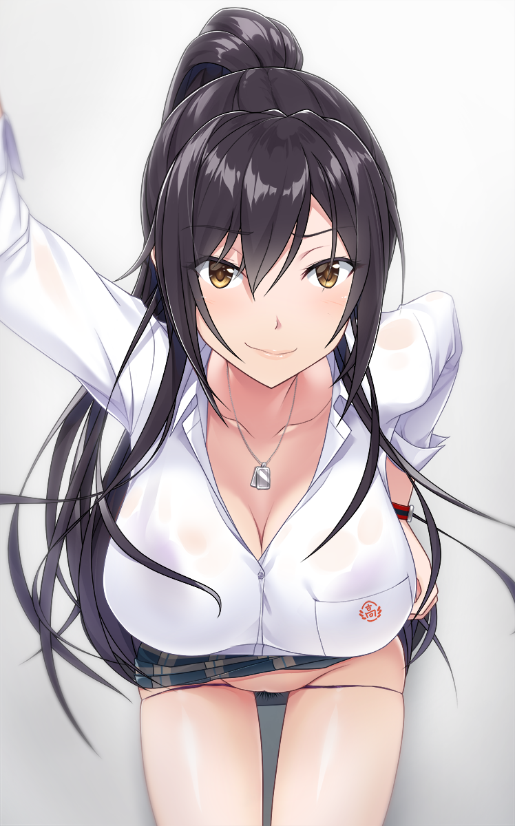 1girl arm_up bangs black_hair blush bra_through_clothes breasts collarbone dog_tags eyebrows_visible_through_hair hair_between_eyes high_ponytail highres homu_(seven_deadly_sins) idolmaster idolmaster_shiny_colors jewelry large_breasts long_hair looking_at_viewer lowleg lowleg_panties necklace panties ponytail purple_panties see-through shirase_sakuya shirt sitting smile solo thighs underwear wet wet_clothes white_shirt yellow_eyes