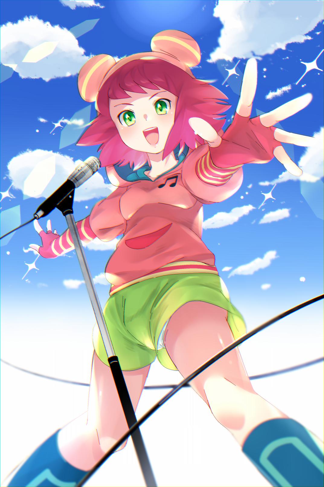 1girl :d blue_sky blush boots breasts capcom cloud fingerless_gloves gloves green_eyes green_shorts hibiki_misora highres hood hoodie microphone open_mouth outstretched_arms purple_hair rockman ryuusei_no_rockman sakuraba_(kirsche_x) short_hair shorts sky small_breasts smile solo