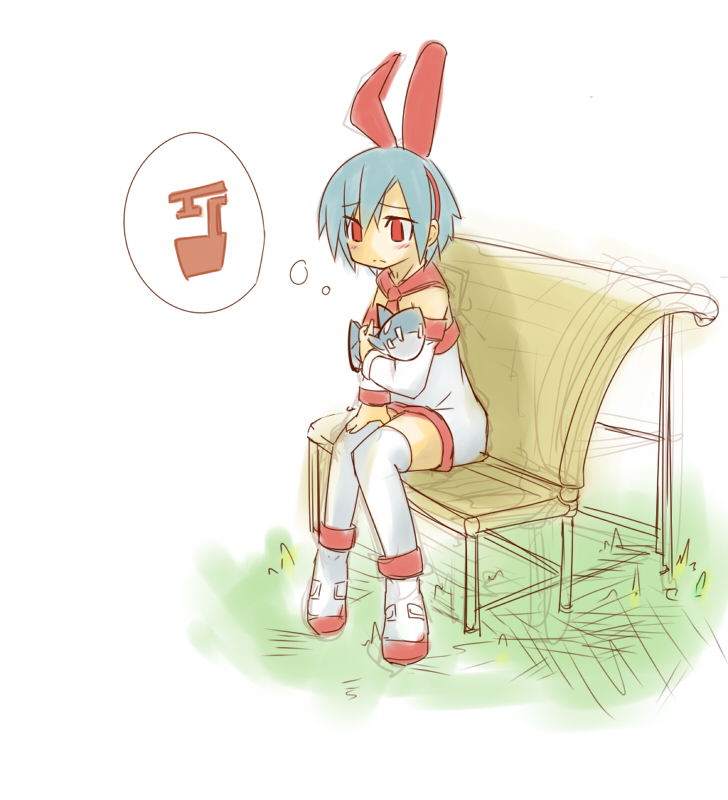 1girl bangs bare_shoulders bench blue_hair blush closed_mouth commentary_request detached_collar detached_sleeves disgaea dress eyebrows_visible_through_hair flat_chest full_body grass hairband hand_up have_to_pee holding knees_together_feet_apart outdoors pleinair red_eyes red_footwear red_hairband rodon shoes short_hair sitting sketch solo strapless strapless_dress stuffed_animal stuffed_shark stuffed_toy thighhighs thought_bubble white_dress white_legwear zettai_ryouiki