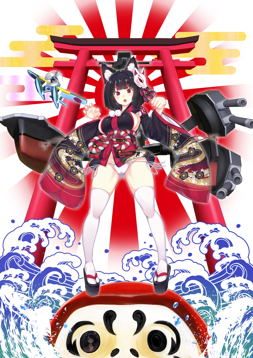 1girl aircraft amanogami_dai animal_ear_fluff animal_ears azur_lane bangs black_hair black_kimono blunt_bangs blush breasts cat_ears commentary_request eyebrows_visible_through_hair full_body hands_up head_tilt highres japanese_clothes kimono large_breasts long_sleeves looking_at_viewer mask mask_on_head open_mouth panties paw_pose red_eyes rigging short_hair short_kimono side-tie_panties sideboob solo thighhighs torii turret underwear white_legwear white_panties wide_sleeves yamashiro_(azur_lane)