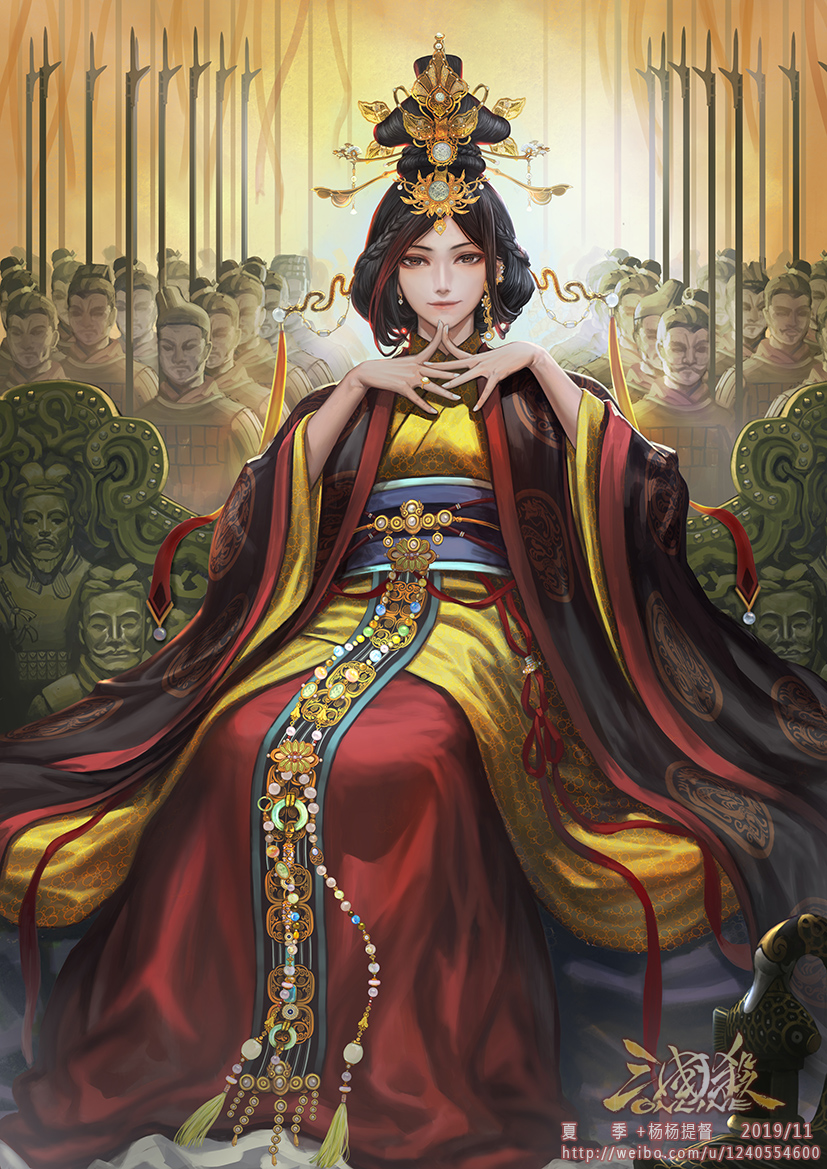 1girl 6+boys army beads braid breasts brown_eyes chinese_clothes closed_mouth commentary_request copyright_name copyright_request earrings hair_ornament hair_stick hanfu jewelry looking_at_viewer mi_yue multicolored_hair multiple_boys official_art own_hands_together pearl_(gemstone) polearm red_hair ring romance_of_the_three_kingdoms sash sitting smile solo_focus statue streaked_hair throne watermark weapon web_address white_nails wide_sleeves xiaji
