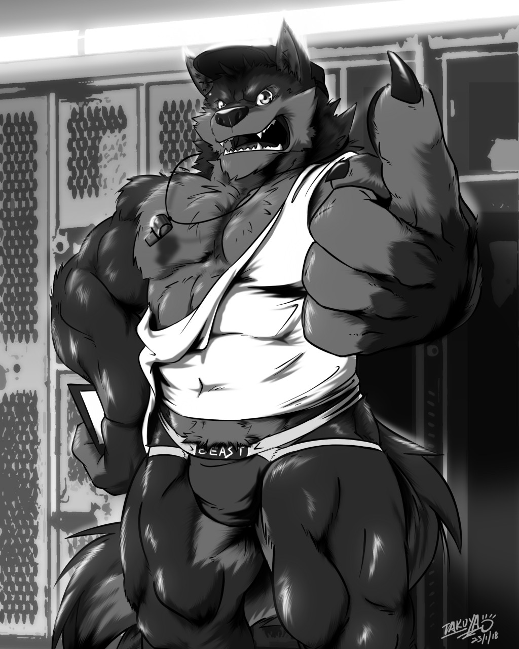 2018 5_fingers abs anthro baesball_cap big_muscles canid canine canis claws clothing coach coach_mika fingers hi_res jockstrap locker_room looking_at_viewer male mammal muscular muscular_arms muscular_male muscular_thighs pecs shirt solo standing tank_top timberwolfmax topwear underwear whistle wolf